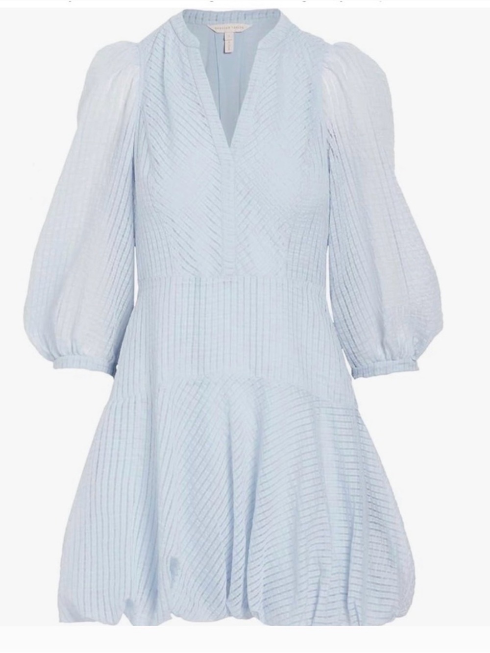 💙 Rebecca Taylor Organdy Celeste striped  Puff-Sleeve V-Neck Mini Dress